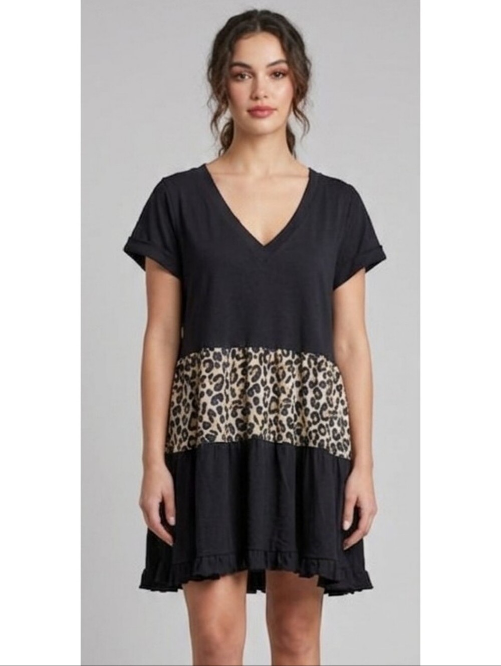 Umgee Animal & Ruffle Tiered Mini dress Black Size M